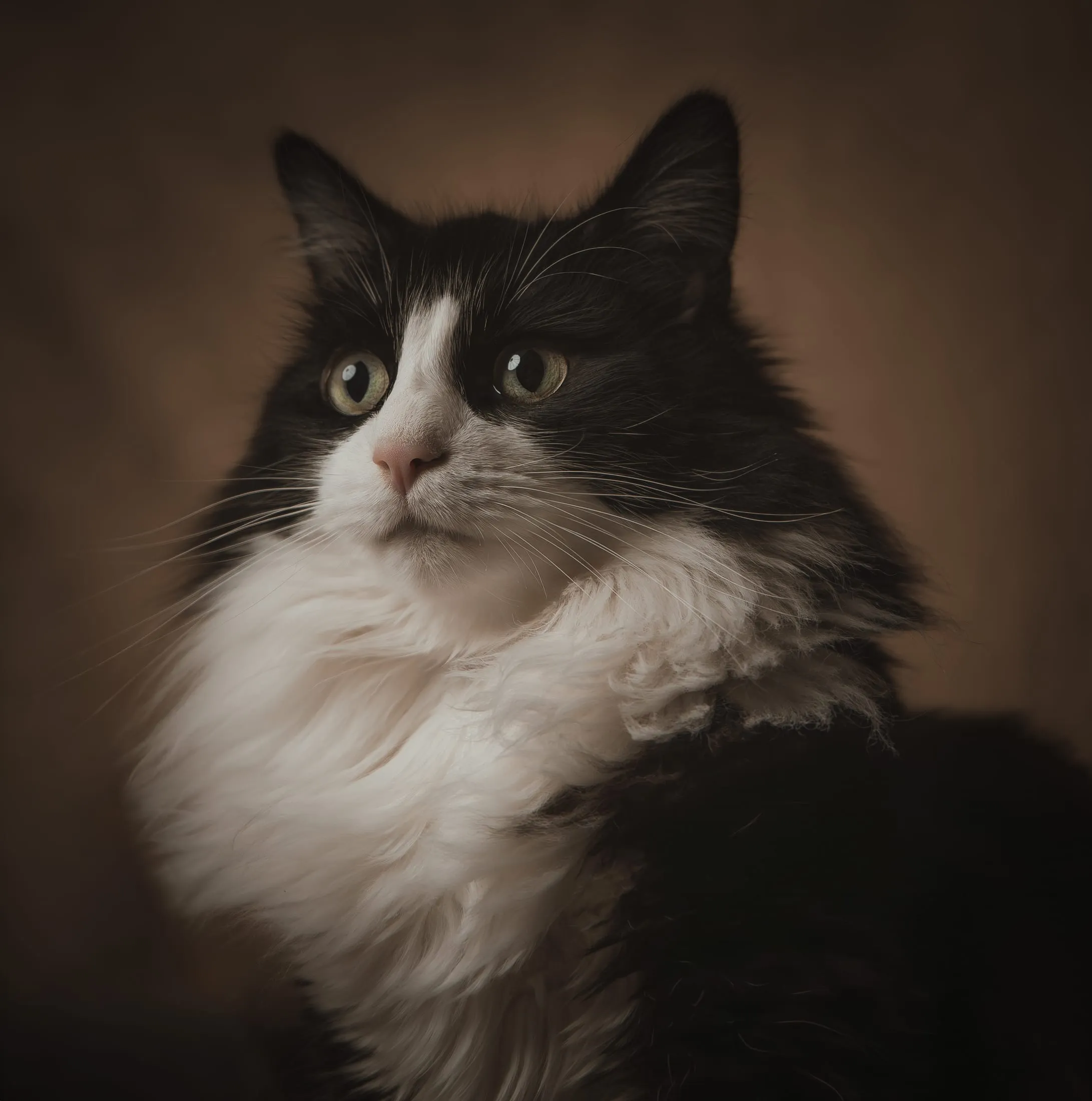 Fine-art portrait of a fluffy black-and-white cat against a warm backdrop
